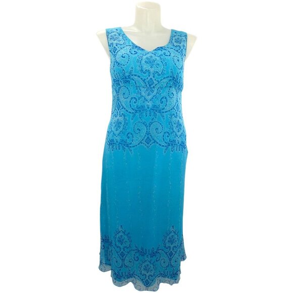 Coldwater Creek Blue Silk Midi Dress Damask Paisley Floral Vines (Misses 14) - Picture 2 of 10